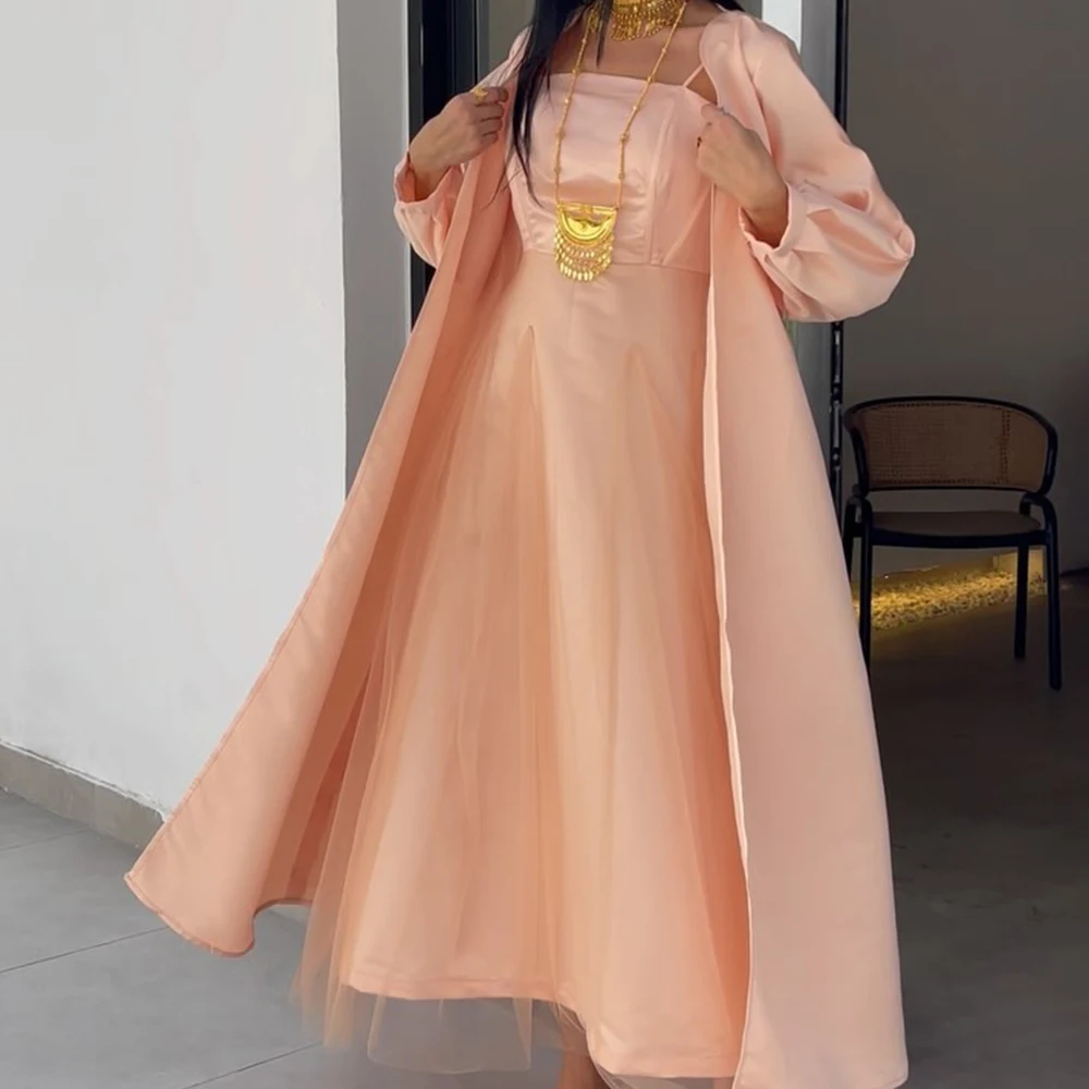 Customized Tulle A-Line shawl Spaghetti Straps Detachable Sleeve Evening Dress Strapless Floor Length Panel Train Delicate