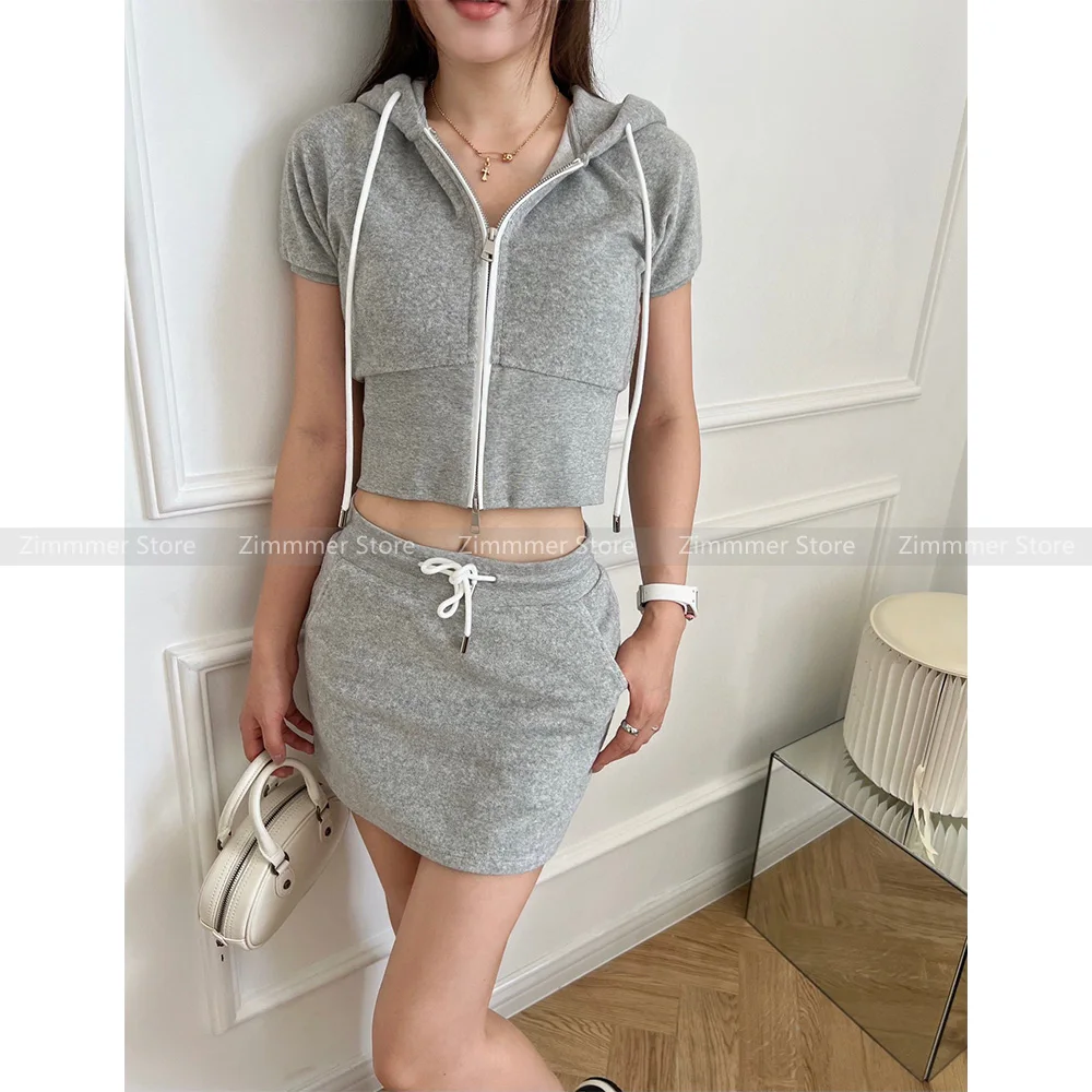 Casual Fashion Suit Women Soft Drawstring Hooded Short Sleeve Top + Safety Lined High Waist Drawstring Half Skirt