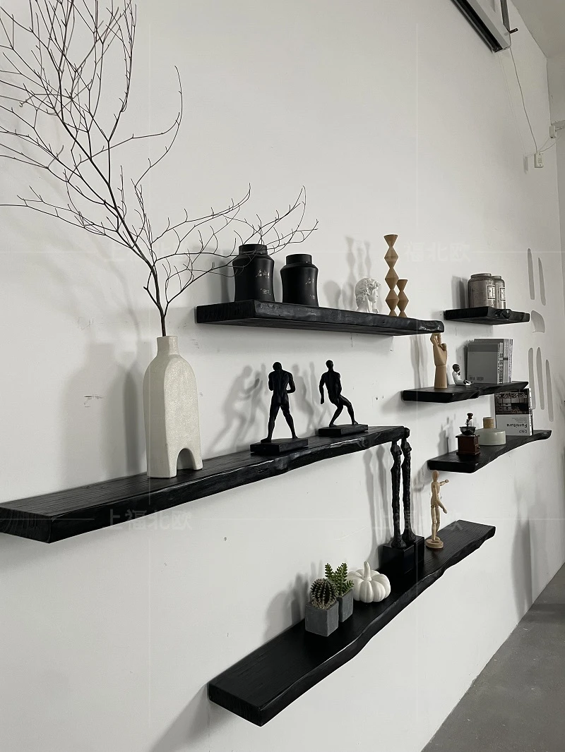 Wabi sandy wind solid wood baffle shelf bookshelf wall shelf ledge bed and breakfast log special-shaped laminate art