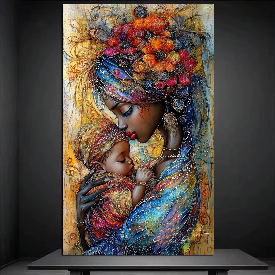 

African Woman And Baby Diamond Painting Kits for Adults, Diamond Art Kits for Beginners, DIY 5D Full Drill Gem Craft for Decor