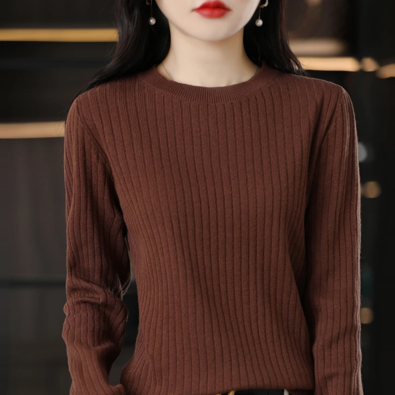 Autumn Winter Women 100% Cotton Sweater O-Neck Pullover Vertical Pit Strip Long Sleeve Knitwear Slim Warm Bottoming Tops