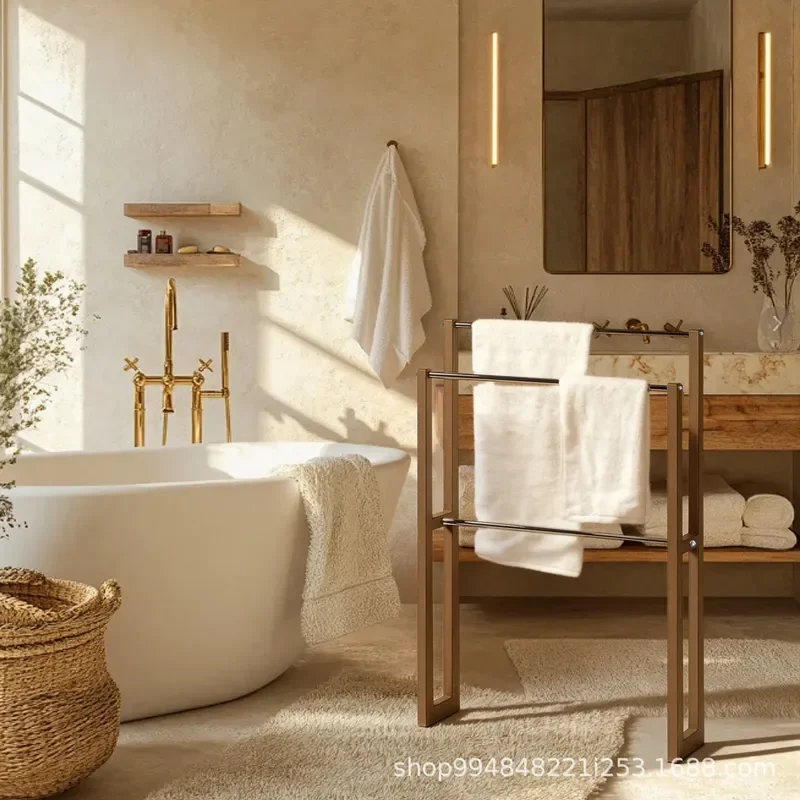 Modern Wooden Towel Rack Floor Standing Bathroom Storage Shelf Light Luxury Design Dawn Texture Organizer for Bath Room Decor