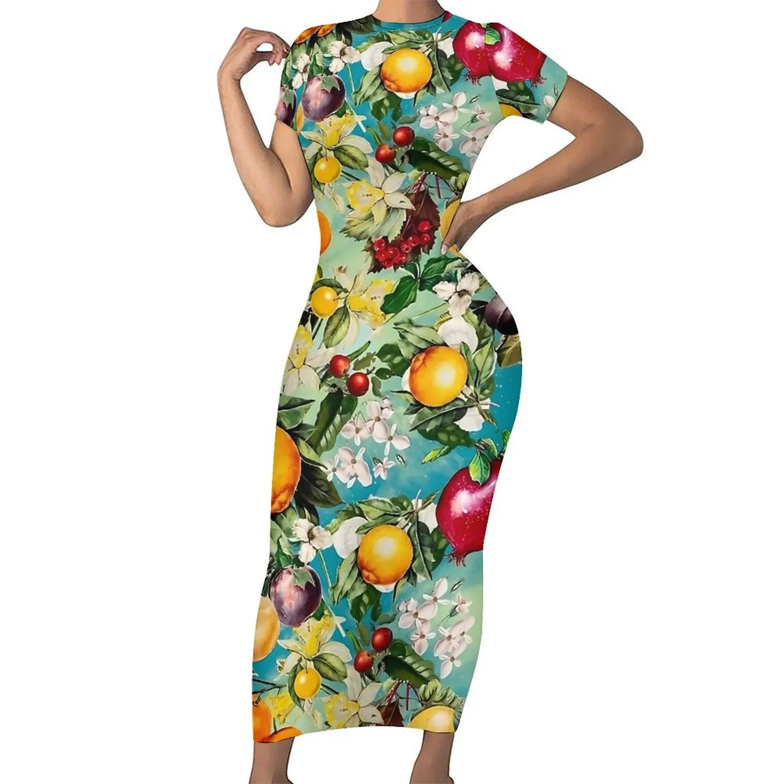 Moda florescendo frutas cítricas impressão bodycon vestido verão elegante maxi vestidos femininos manga curta vestido estético gráfico