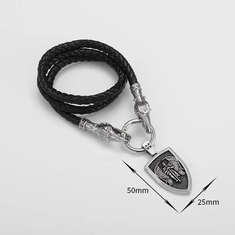 Classic Mythological Style Archangel Saint Michael Amulet Metal Saint Shield Pendant Necklace Men\'s Charm Leather Chain Jewelry