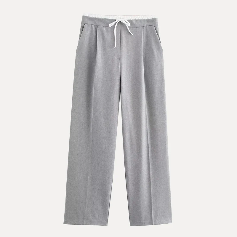 กางเกงลำลองขากว้างใส่สบายสำหรับผู้หญิง แฟชั่นฤดูใบไม้ผลิ กางเกงขากว้างเอวสองชั้น กางเกงขายาวลำลองอเนกประสงค์