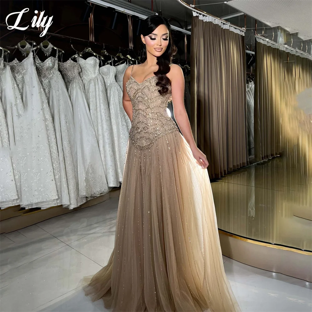 Lily Nude Evening Dress Spaghetti Straps A Line Prom Dresses Heavy Beaded Tulle Party Formal Gown Luxury robe de bal Customized