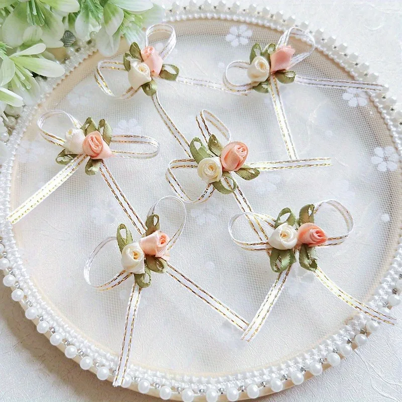 Confezione da 10 fiori di rosa con nastro di colore misto con perline perlescenti, abbellimenti 3D Bowknot per artigianato fai da te, Corsa da sposa fatta a mano