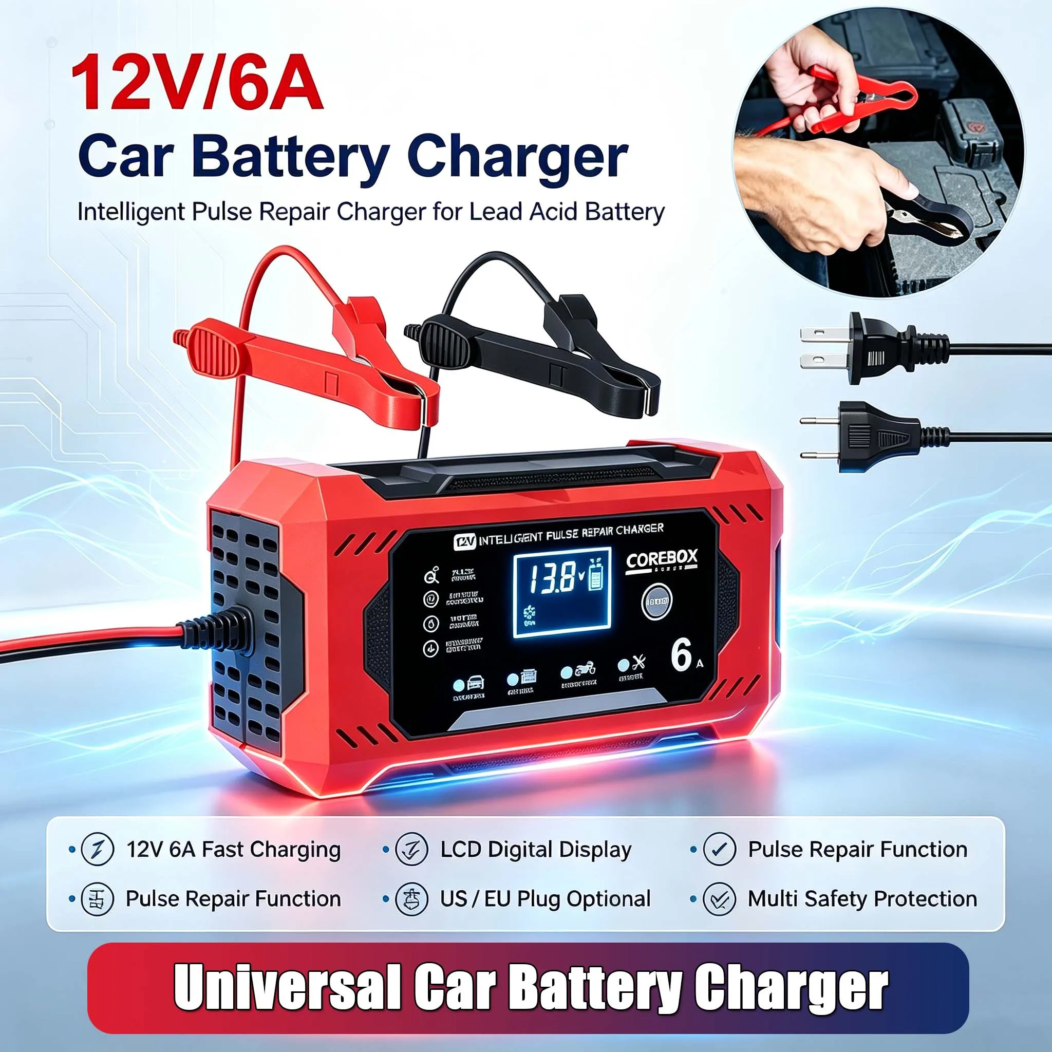 Charger Car and Motorcycle Battery Charging Unit Lead-Acid Battery Repair LCD Display 6A 12V Intelligent Car Battery EU US Plug