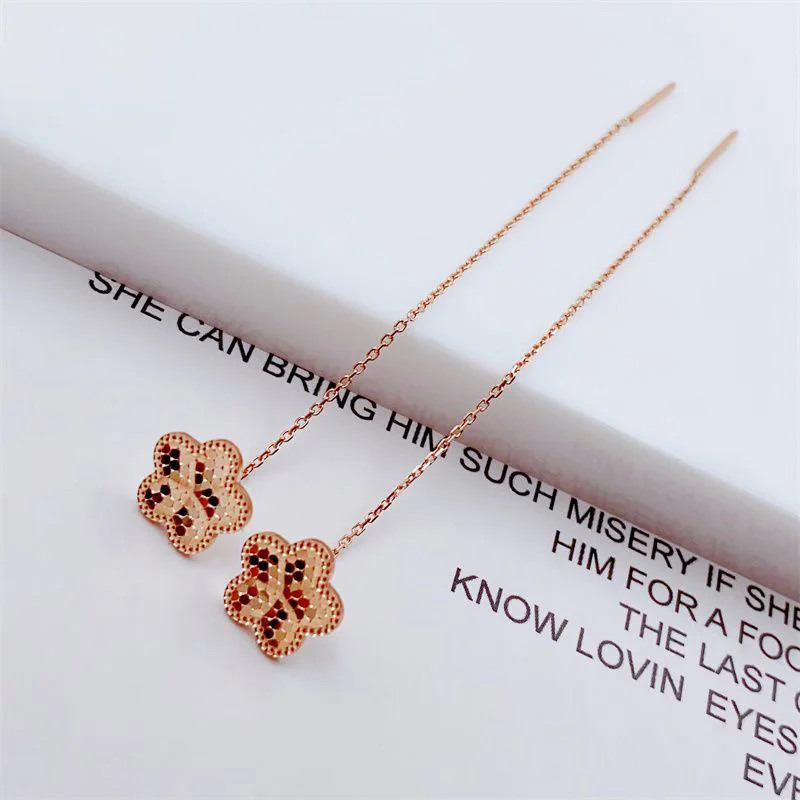 585 Purple Gold Classic Flower earrings for women Fashion Shining Plating 14K Rose Gold Charm Long earring Wedding Jewelry Gift