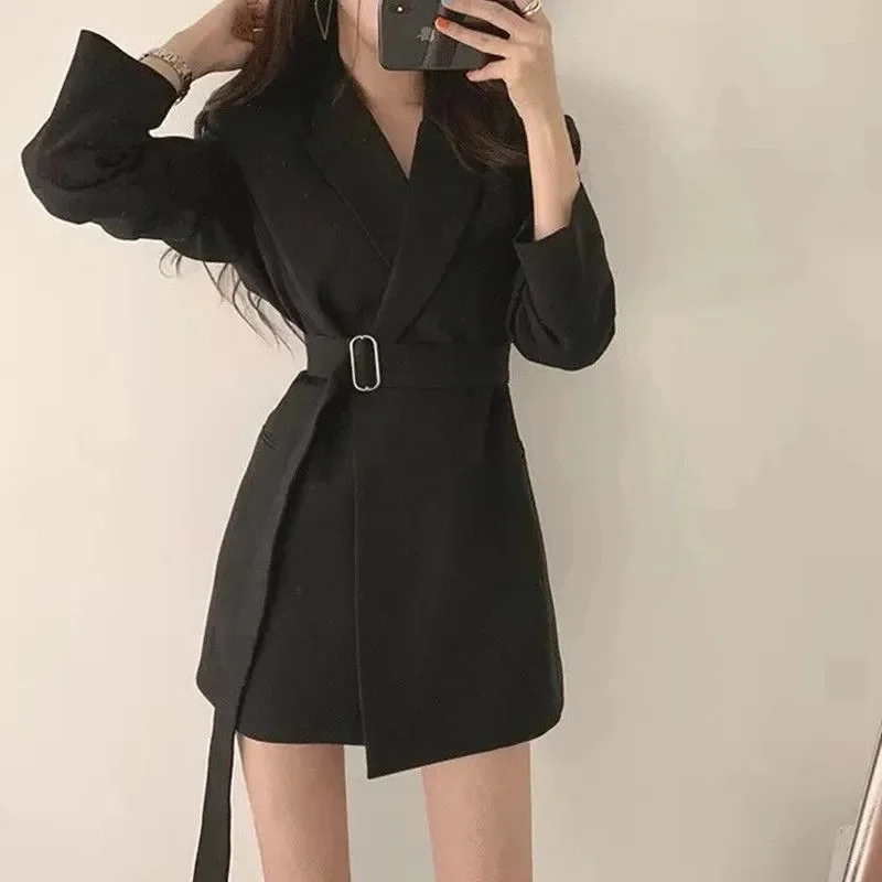 Abrigo de traje para mujer con cinturón elegante chaqueta informal moda coreana chaqueta de lujo primavera otoño Color sólido La