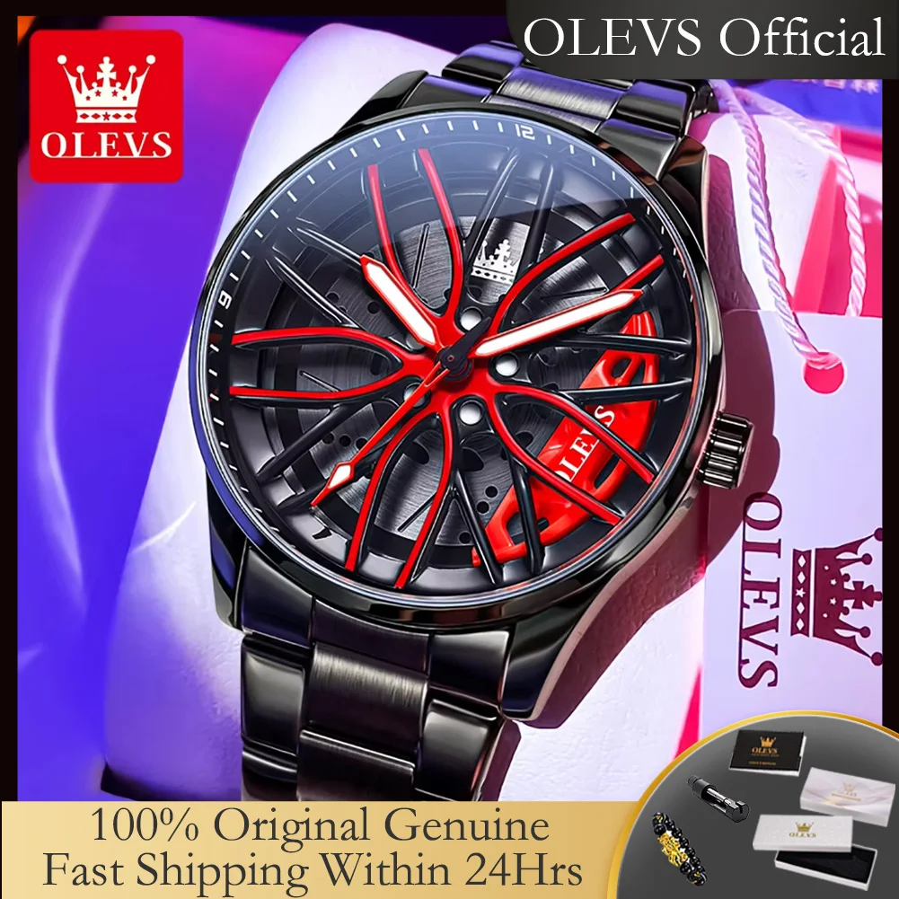 

OLEVS 9937 Quartz Watch for Men Fashion 3D Hollow Wheel Rotary Dial Black Stainless Steel Waterproof Luminous Sports Wristwatch