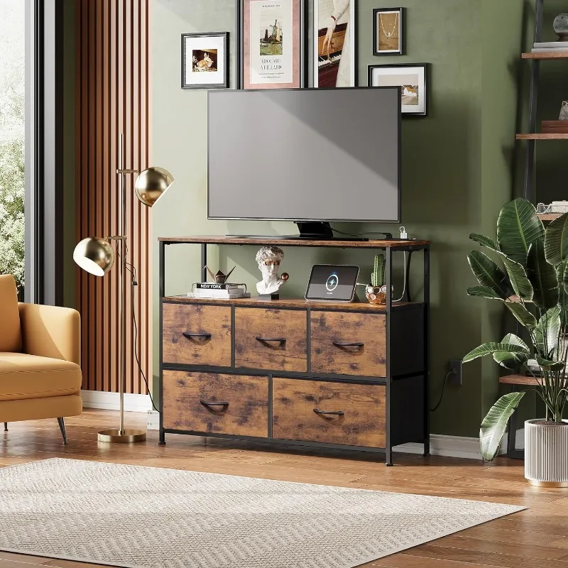 TV Stand Dresser for Bedroom with 5 Fabric Drawers, Entertainment Center with Open Shelf and Power Outlet for 45 inch TV