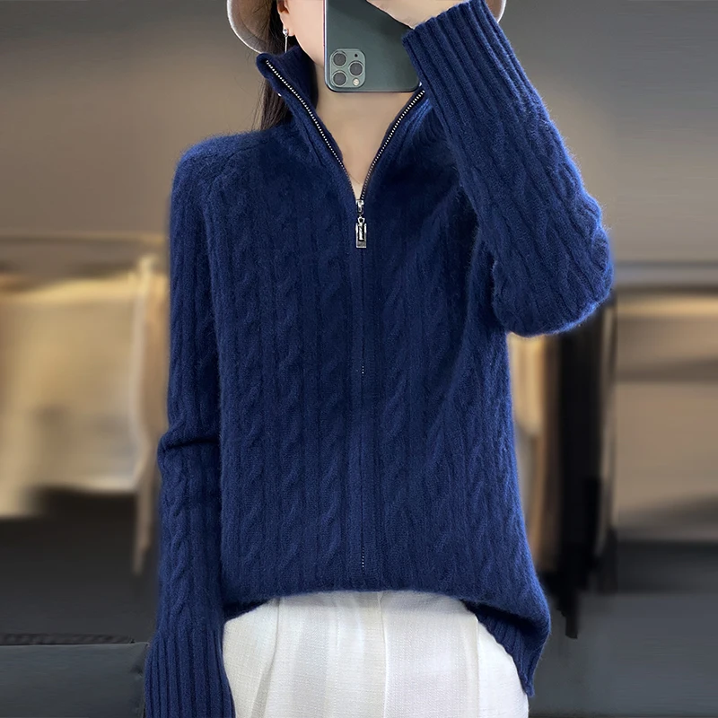 100% Merino Wool Coat Women\'s Stand Collar Knitted Cardigan Fashion Twisted Long Sleeve Top Autumn Winter New Warm Jacket Korean