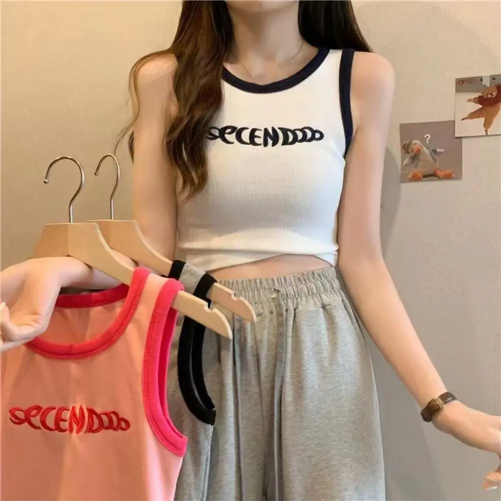 

Simple Letter Slim Crop Top Sweet Tank Women's Knit Vest Top Streetwear Korean Sleeveless Camisole Seaside