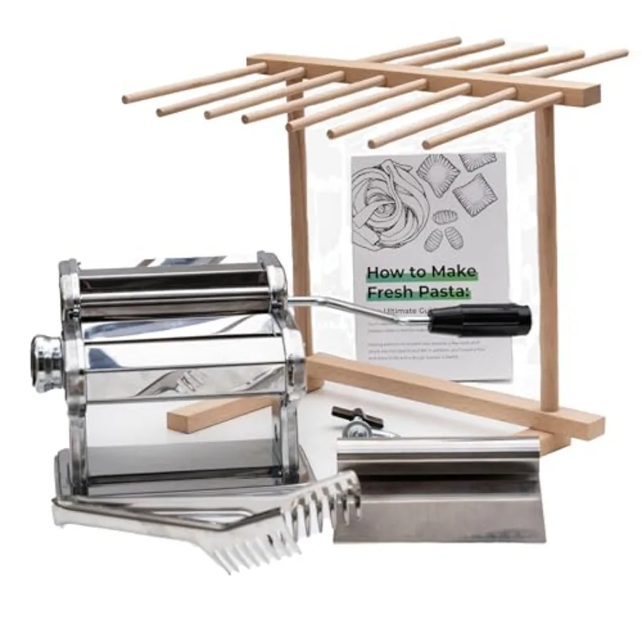 

Cotswold Homeware Stainless Steel Pasta Making Machine with Adjustable Thickness Settings Wooden Pasta Drying Rack Pasta Cutter