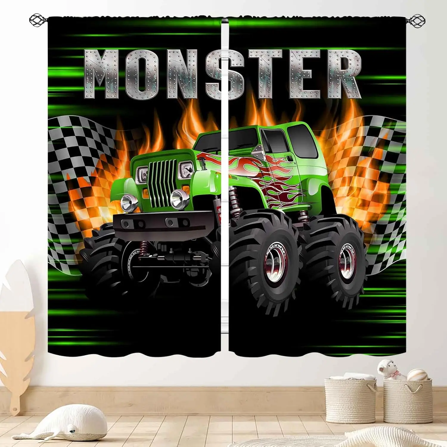 Truck Curtains for Boys Room, Burning Flame Tractor Truck Car Cool Monster Checkered Racing Flag Window Drapery Treatments for