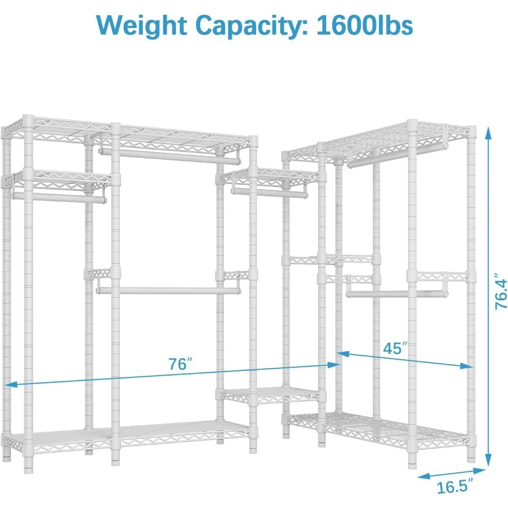 L22S hoekkledingrek, L-vormig kledingrek voor zwaar gebruik, hoekkast, hangende staven, maximale belasting 1600LBS