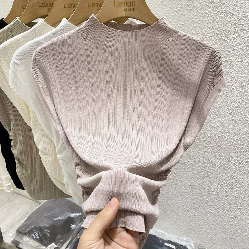 2026 Spring Summer Ice Silk Knit T-Shirt Half High Neck Waist Slimming Unique Design Slim Fit Short Sleeve Inner Tops