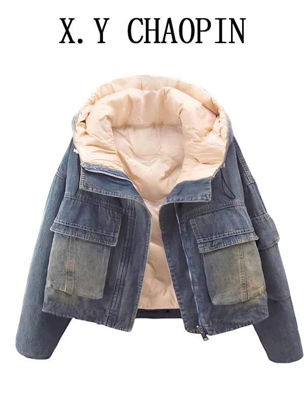 

Модная ретро-куртка из денима двустороннего ношения, женское хлопковое пальто с капюшоном, на молнии, утепленное, зимний дизайн