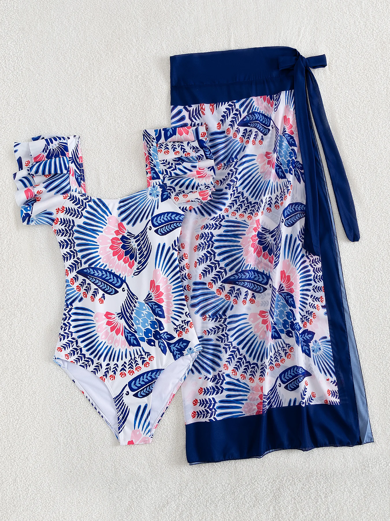 

Fashion Printed Women One Piece Swimsuit And Skirt Set Lady 3Pcs Swimming Suit Set Sexy Shoulder Ruffle Female Beachwear Getways