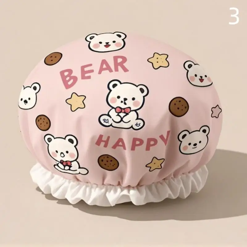 1Pcs Women Shower Cap Waterproof Wide Elastic Band Reusable Bathroom Cup Cartoon Cat Bear Dog Shower Hat Bathroom Accessories