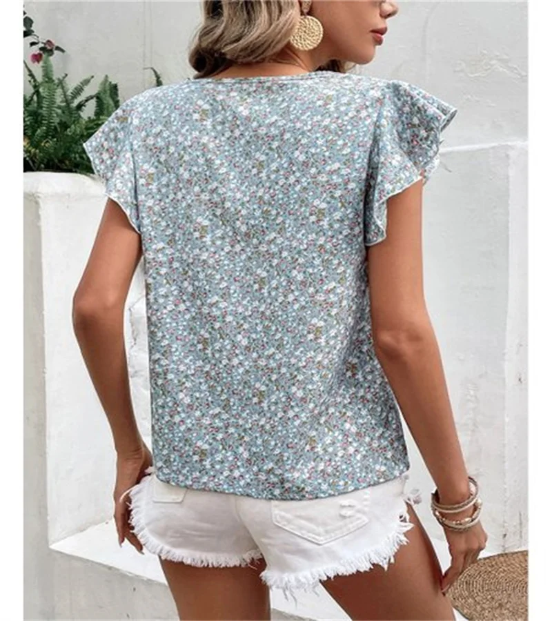 Cross-border European and n style commuting loose casual lotus leaf sleeve round-necked floral t-shirt for ladies