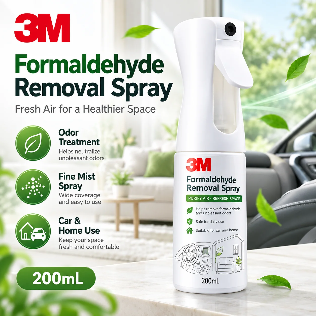 3M Formaldehyde Removal Spray Fine Mist Odor Treatment Air Care For Car Interior Home Furniture New Cars Homes 200mL