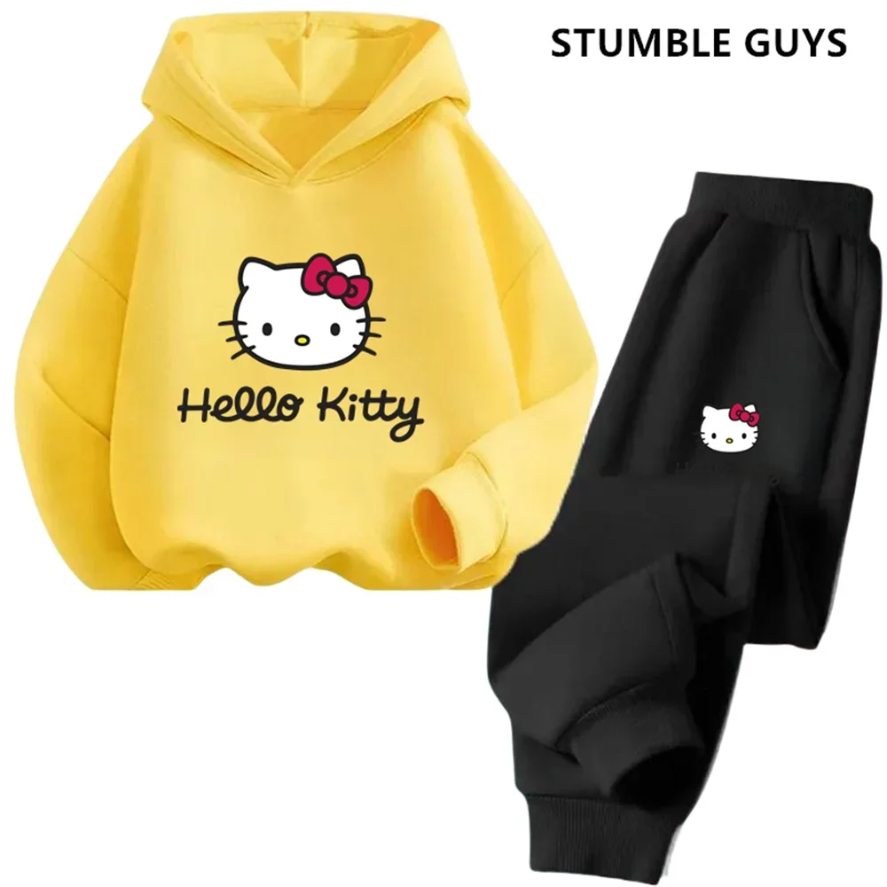 Kawaii Hello Kitty Hoodie Set for Girls Anime Hoodies Pants 2pcs Kids Cartoon Teen Tracksuits Toddler Clothes Sport Suit