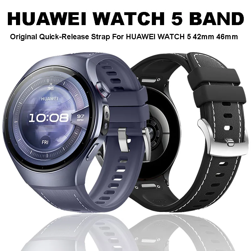 

Original Fluororubber Strap for Huawei Watch 5 46mm No Gaps Leather Band for Huawei Watch 5 42mm Business Quick Release Band