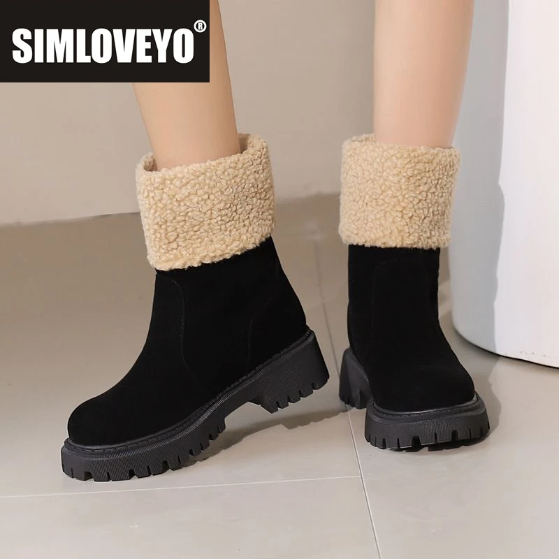 

SIMLOVEYO Женские зимние ботинки до середины икры из флока с круглым носком на толстом каблуке 4,5 см на платформе 3 см без шнуровки плюс размер 41 42 43 US12 Daily Bota