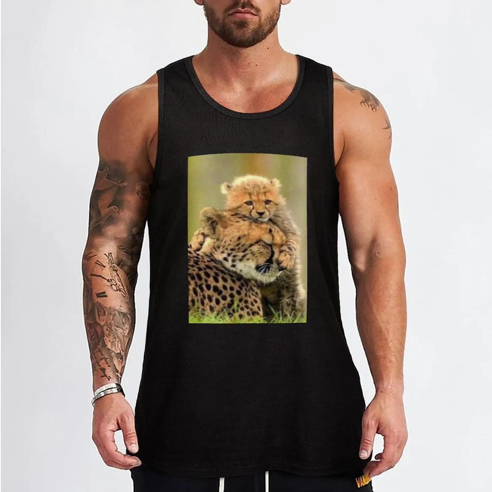 Sweet Cheetah cub hugging Momma Tank Top sleeveless gym shirt man fitness gym t-shirts T-shirt Men's gym