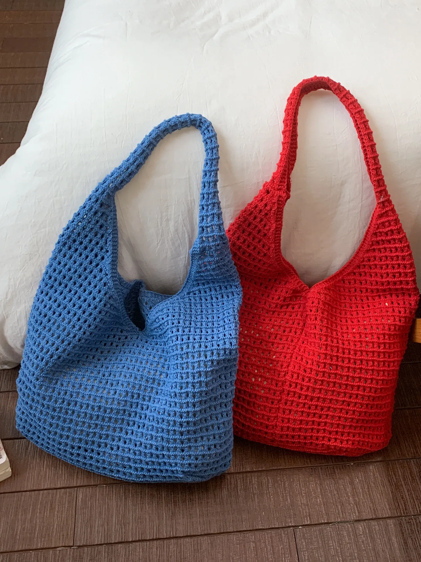 

Summer Korean Style Hollow Out Knitted Tote Bags Women Stylish Large Capacity Solid Color Shoulder Bag Casual Vacation Handbags
