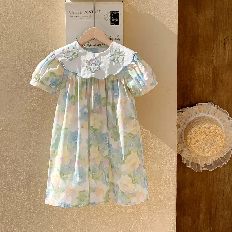 

Floral Embroidery Doll Collar Girl's Dress2025Summer Bubble Short Sleeve Oil Painting Print Baby Dress