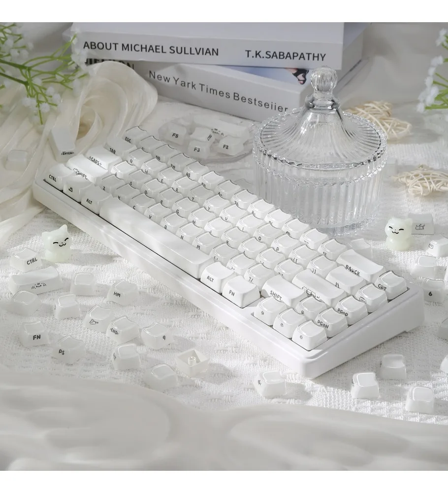 Cat head jelly side engraved keyboard keycaps high value cute personality a complete set of 68/75/87/108 keys