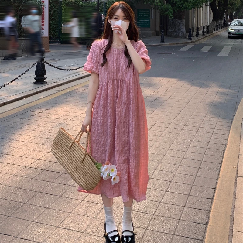 

2024 Summer Women New French Short Sleeve Long Dresses Female O-neck Loose A-line Vestidos Ladies Solid Color Casual Dress X161