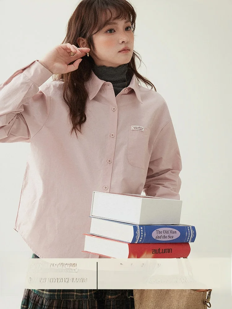 

North Island AMUU Original Sweet Pink Single Button Pure Cotton Women's Shirt Early Spring New Classic Loose Top