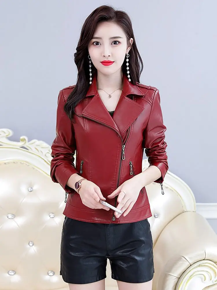   Giacca in Vera Pelle Ning per Donna, Primavera-Autunno, Slim Fit, Alla Moda, con Chiusura a Cerniera, Cappotto Lungo