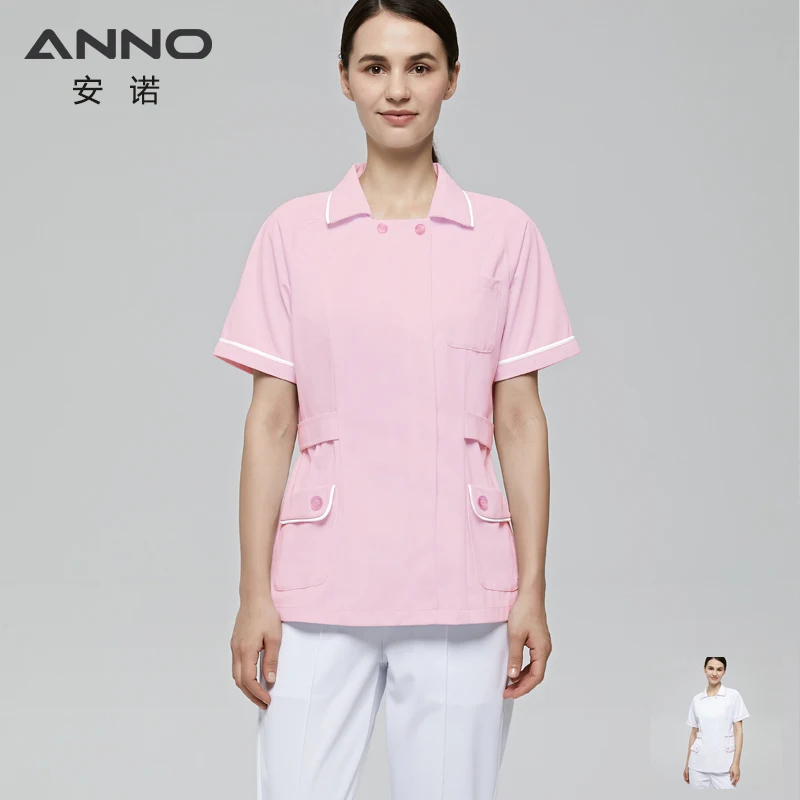 ANNO Pink White Nurse Uniform Set Antibacterial Anti-static Nursing Tunic Slim Fi Caregiver Coveralls Hospital Staff Suits