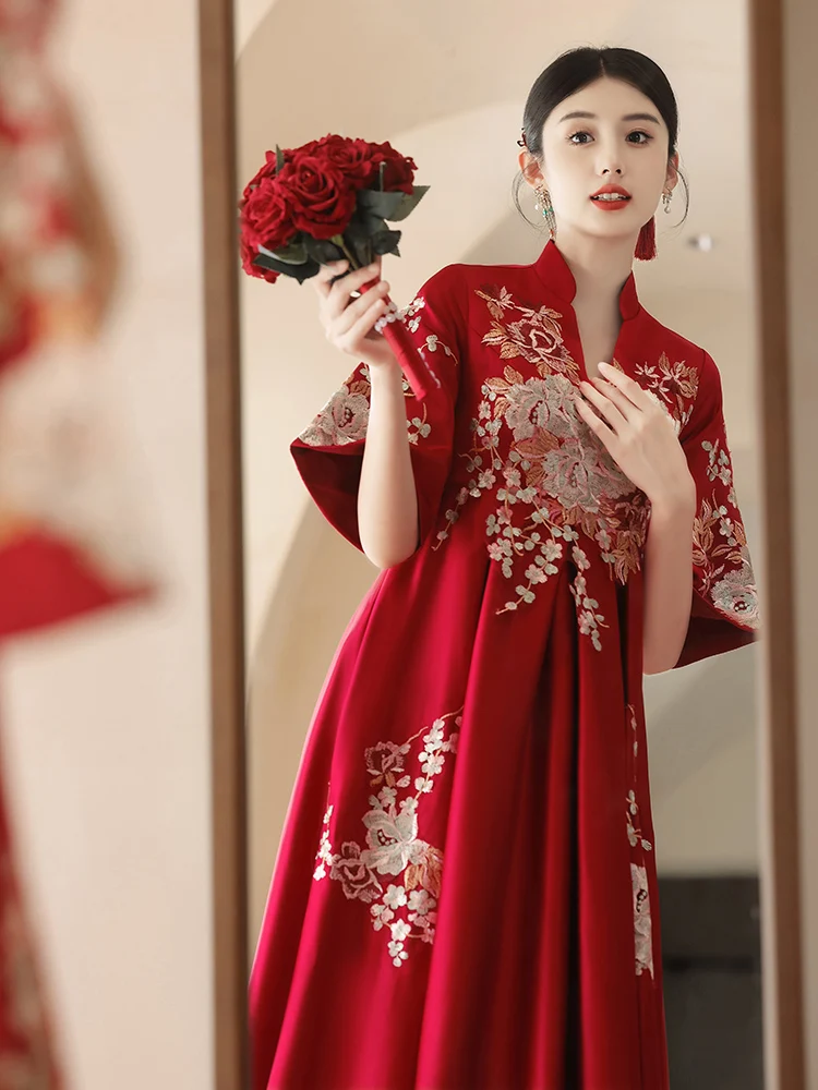 

New Chinese Sle Wedding Dr Red Materni Evening Gown Cover Belly ow Heel Women's Ele High Waist Long Skirt