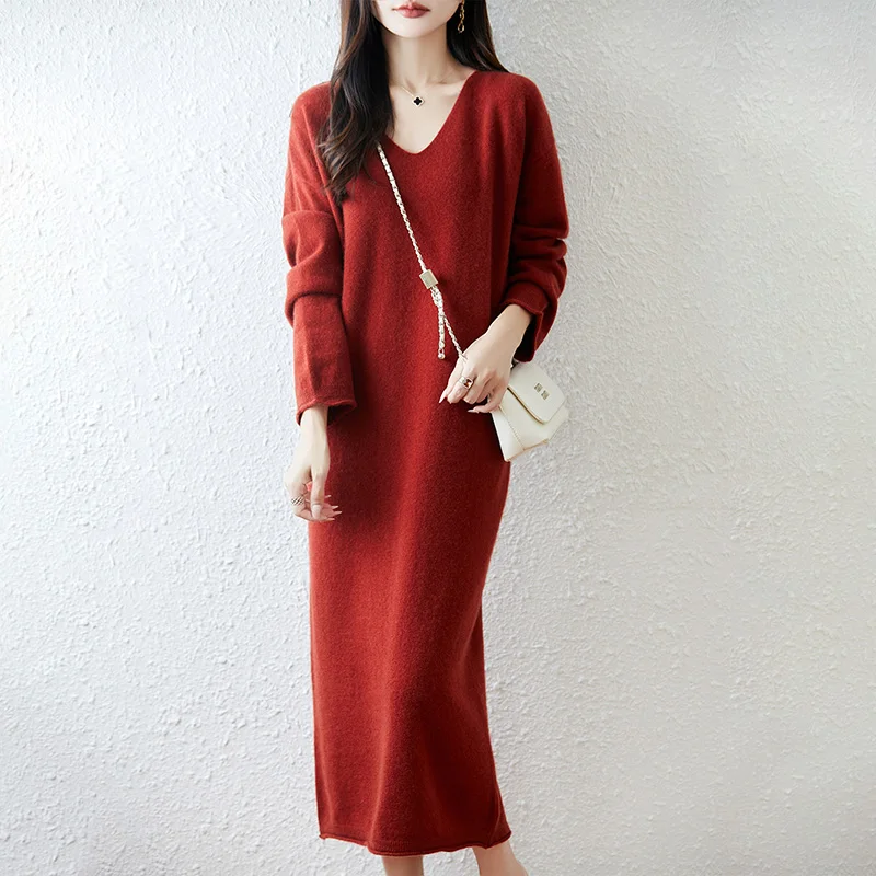 

New Wool Skirt In Autumn And Winter V-neck Casual Loose Pullover Dress Fashion Joker Loose Knit Dress