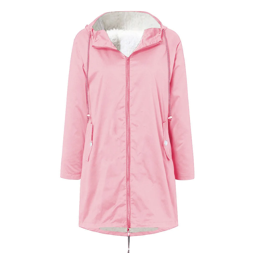 

Long Sleeve Long Hooded Raincoat Windproof Long Jacket Rain Coat Outwear New Women Solid Trench Outdoor Windbreaker For Women