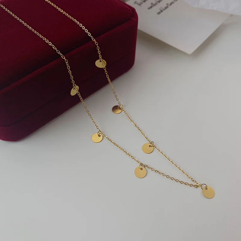 Fashion Simple Stainless Steel Round Small Coin Pendant Necklace For Women Gold Color Waterproof Geometric Charm Collars