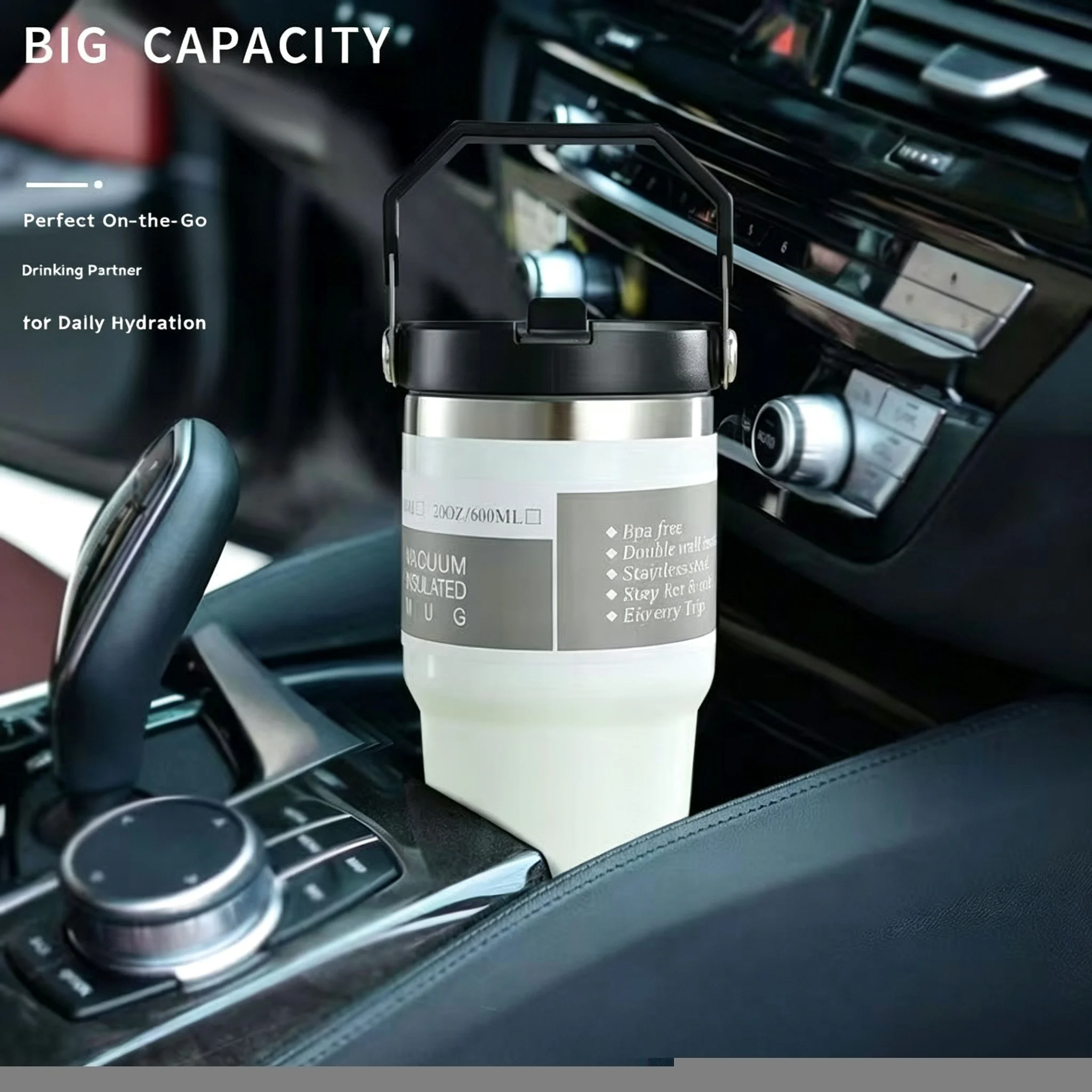 20/30OZ Vacuum Tumbler with Lid Stainless Steel Portable Water Bottle with Dazzling Handle Insulated Tumbler Tote Handle