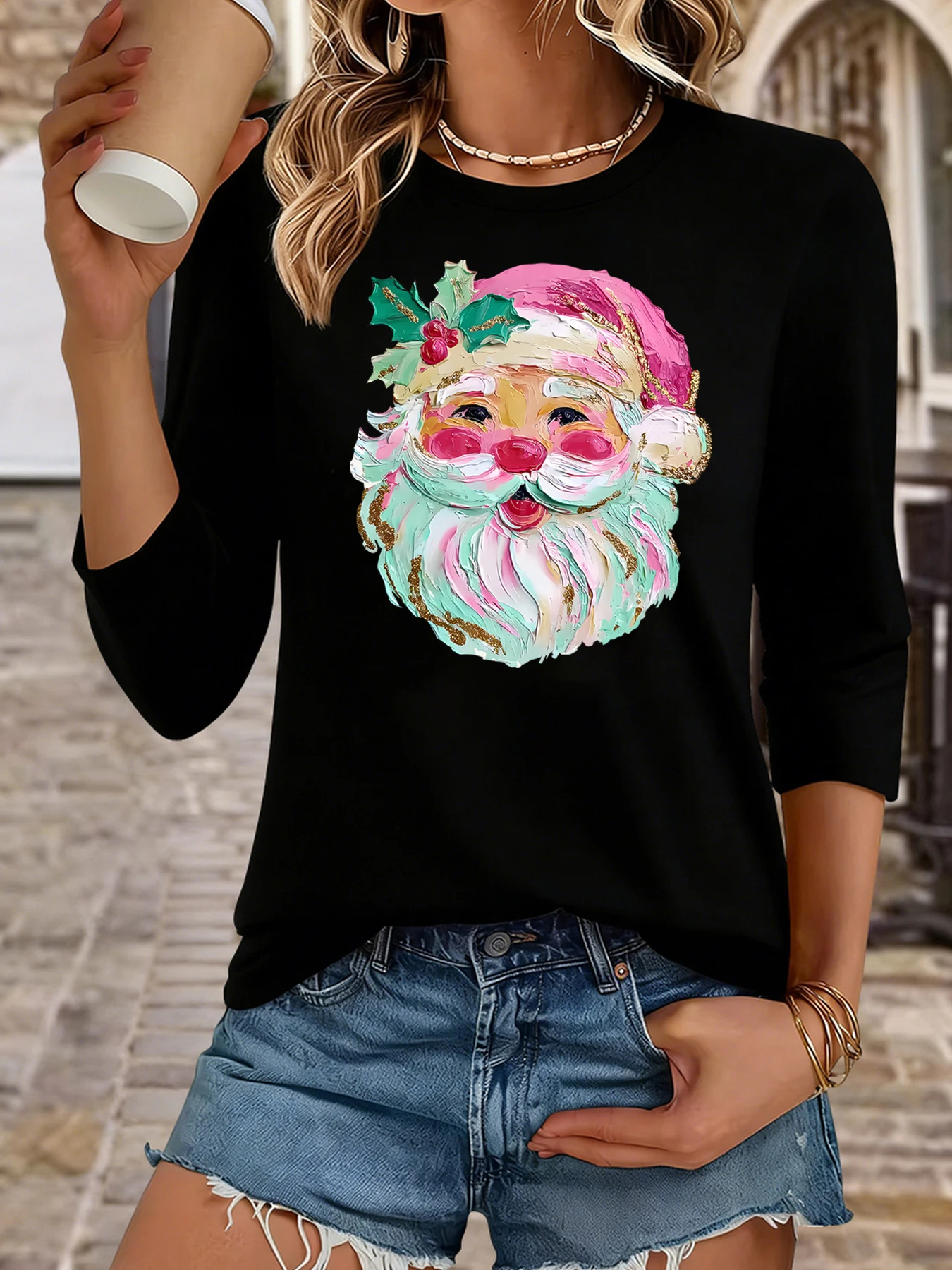 Women's round-neck, three-quarter-length sleeve T-shirt with thickly painted oil-effect Christmas Santa Claus print