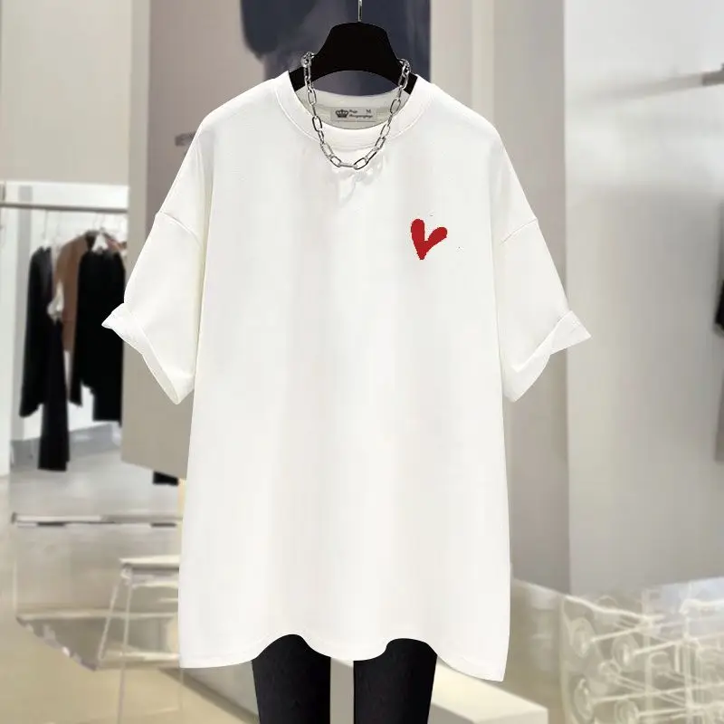 2024 Summer New Fashion Little Love Loose Short Sleeve O-neck Pure Cotton Simple Tees Women's Versatile Basics T-shirt Lady Tops