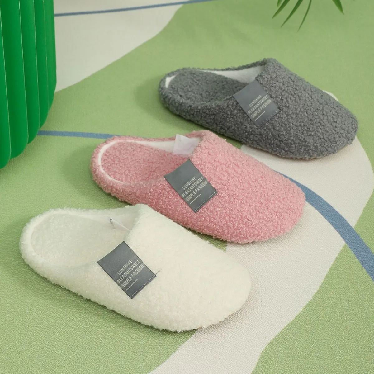 Kids'Slippers Plush Fluffy Suede Flat Winter Shoes For Children Anti-slip Thick Bottom Home Slipper White Grey Size 24-35