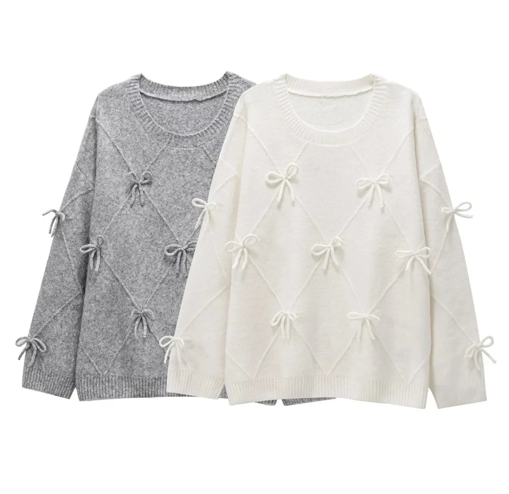 

Women's Round Neck Long Sleeve Winter New Sweet Bow Decoration Knitted Hoodie