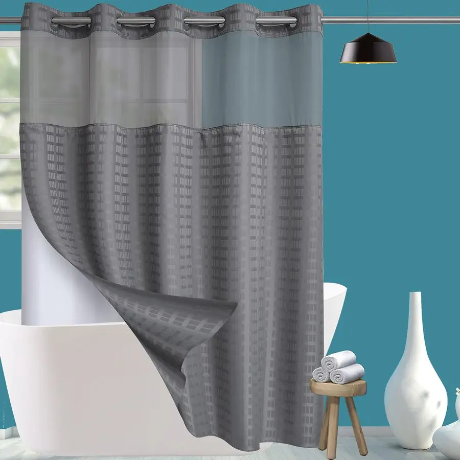 

No Hook Shower Curtain with Snap in Liner Set, Hotel Luxury Grey Shower Curtains for Bathroom with See Through Top Window, Water