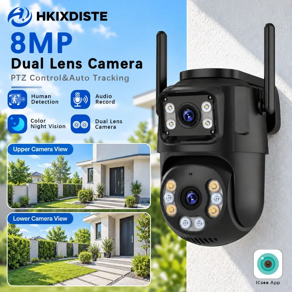 Dual Lens Dual Screen 8MP HD Wifi 360° PTZ IP Camera Outdoor AI Auto Tracking IP Camera CCTV Audio Video Surveillance P2P iCSee