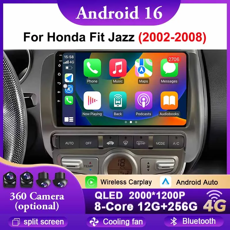 

Автомобильный радиоприемник Android 16, Carplay Auto для Honda Fit Jazz 2002-2008, мультимедийный плеер, GPS-навигация, WIFI, 4G, Bluetooth 360, камера